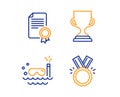 Award cup, Scuba diving and Certificate icons set. Honor sign. Trophy, Trip swimming, Diploma. Medal. Vector