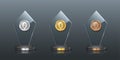 Award glass trophy, realistic crystal prizes with blank golden, silver and bronze badges Royalty Free Stock Photo