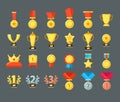 Award icons. Golden trophy cup, reward goblets and winning prize. Flat medals awards vector symbols