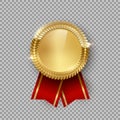 Award medal 3d realistic vector color illustration. Reward. Golden medal with red ribbon. Certified product. Quality