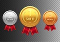 Award medal gold silver and bronze. Champion metal ward for winner. Vector achievement