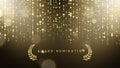Award nomination ceremony luxury background with golden glitter sparkles, laurel wreath and bokeh. Vector presentation