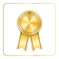 Award ribbon gold icon. Blank medal with laurel wreath isolated white background. Stamp rosette design trophy. Golden