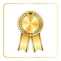 Award ribbon gold icon. Blank medal with laurel wreath isolated white background. Stamp rosette design trophy. Golden Royalty Free Stock Photo