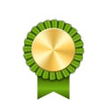 Award ribbon gold icon. Golden green medal design, isolated white background. Symbol of winner celebration, best Royalty Free Stock Photo