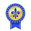 Award Ribbon Gold Icon. Golden Medal, Fleur De Lis Design Isolated White Background. Antique Royal Lily. Symbol Winner