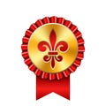 Award ribbon gold icon. Golden medal, red fleur de lis design isolated white background. Antique royal lily. Symbol Royalty Free Stock Photo