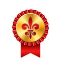 Award ribbon gold icon. Golden medal, red fleur de lis design isolated white background. Antique royal lily. Symbol