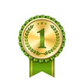 Award ribbon gold icon number first. Design winner golden green medal 1 prize. Symbol best trophy 1st success champion Royalty Free Stock Photo