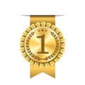 Award ribbon gold icon number first. Design winner golden medal 1 prize. Symbol best trophy, 1st success champion, one