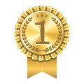 Award ribbon gold icon number first. Design winner golden medal 1 prize. Symbol best trophy, 1st success champion, one Royalty Free Stock Photo