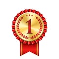 Award ribbon gold icon number first. Design winner golden red medal 1 prize. Symbol best trophy, 1st success champion Royalty Free Stock Photo