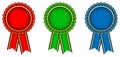 Award ribbon in red, green and blue with golden contour as vector on white isolated background. Royalty Free Stock Photo