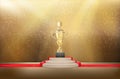 Award trophy on a pedestal with a red carpet on a gold background. vector