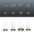 Award trophy set. Star and rectangle shaped glass prize statues on white and black background. Champion glory in