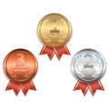 Award trophy. Winners medals. Gold. Silver. Bronze. Award medals
