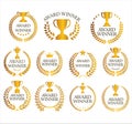 Award Winner emblem collection of gold laurel wreath black text Royalty Free Stock Photo