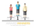 Award winners in flat design background concept. Rewarding athletes on the podium. Icons for your product or