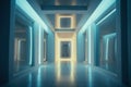 Award-Winning Pale Yellow and Dusty Blue Interior with Symmetry, Defocused Neon Light, Shiny Walls, and Unique Expression