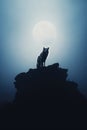 silhouette of a wolf howling on a cliff - full moon - coyote