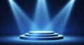 Award winning podium illuminated by dramatic blue spotlight beams against dark background Royalty Free Stock Photo