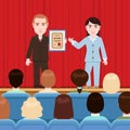 Awarding of a diploma, patent, vector illustration, flat cartoon drawing. Woman hands man a certificate in a frame on stage with a