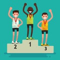 Awards ceremony. Three athletes with medals on a pedestal. Vector illustration Royalty Free Stock Photo