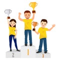 Awards ceremony. Three people with winners cups on a pedestal. Royalty Free Stock Photo