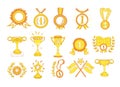 Awards cups and medals. Icon set, hand-drawn. First place, top achievement. Yellow gold and orange color. Editable Royalty Free Stock Photo