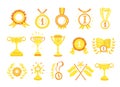 Awards cups and medals. Icon set, hand-drawn flat style. First place, top achievement. Yellow gold and orange color.