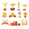 Awards cups, winner medals or champion ribbons vector isolated icons set Royalty Free Stock Photo