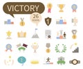 Awards line icons. Set of winner medals, victory cup and wreath signs