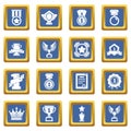 Awards medals cups icons set blue square