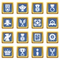 Awards medals cups icons set blue square vector Royalty Free Stock Photo