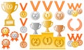 Awards - medals, podium, trophies prizes, set of colour vector illustrations