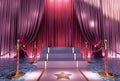 Awards show background with colored curtains and red carpet between rope barriers leading to a stairs. Royalty Free Stock Photo