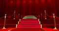 Awards show background with red curtains open on Black screen, Long red carpet between rope barriers, Royalty Free Stock Photo