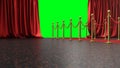 Awards show background with red curtains open on green screen. Red velvet carpet between golden barriers connected by a Royalty Free Stock Photo