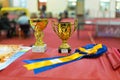 Award cups, ribbon, and diplomas 