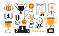 Awards, trophy cups, first place medals and podium winners set. Doodle gold medal and champion trophy cup. Hand drawn Royalty Free Stock Photo