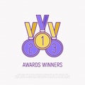 Awards for winners: gold medal, silver and bronze. Modern vector illustration