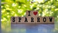 Awareness concept - I love sparrow on wooden blocks