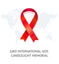 Awareness red vector ribbon, symbol of AIDS memorial day with world map isolated on white