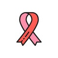 Awareness ribbon, donation, charity, volunteering flat color line icon.