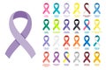 Awareness ribbons set. Different color ribbons on white background. All cancer colorful awareness bows. Royalty Free Stock Photo