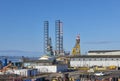 Away at the northern end of Dundee Port lie the Rowan Norway Drilling Rig and the Asian Hercules III Sheerleg Crane. Royalty Free Stock Photo