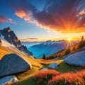 Awe inspiring alpine highlands in the Image from a tale Over the majestic Rock a colorful sky in a sunlit landscape can be