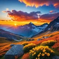 Awe inspiring alpine highlands in the Image from a tale Over the majestic Rock a colorful sky in a sunlit landscape can be