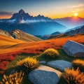 Awe inspiring alpine highlands in the Image from a tale Over the majestic Rock a colorful sky in a sunlit landscape can be