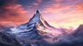 A majestic mountain peak bathed in the soft light of dawn. The sky is painted in shades of pink and orange Royalty Free Stock Photo